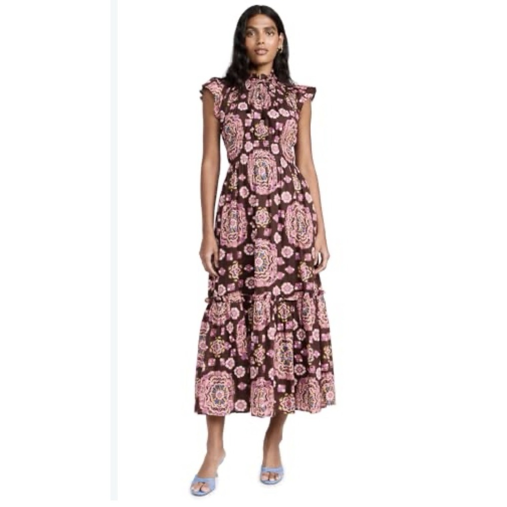 Cleobella Indira Ankle Dress Women's Size Large Avalon Print Cotton Smocked